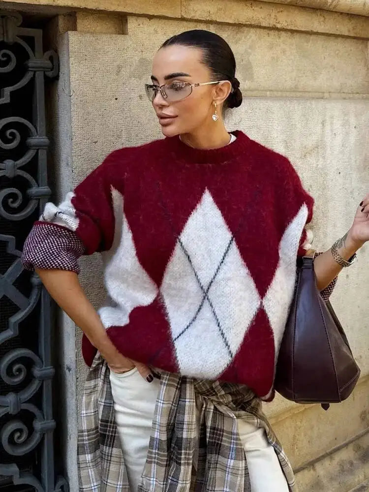 Pull bordeaux & blanc – Maille douce oversize