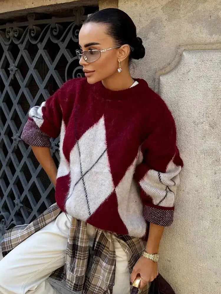 Pull bordeaux & blanc – Maille douce oversize