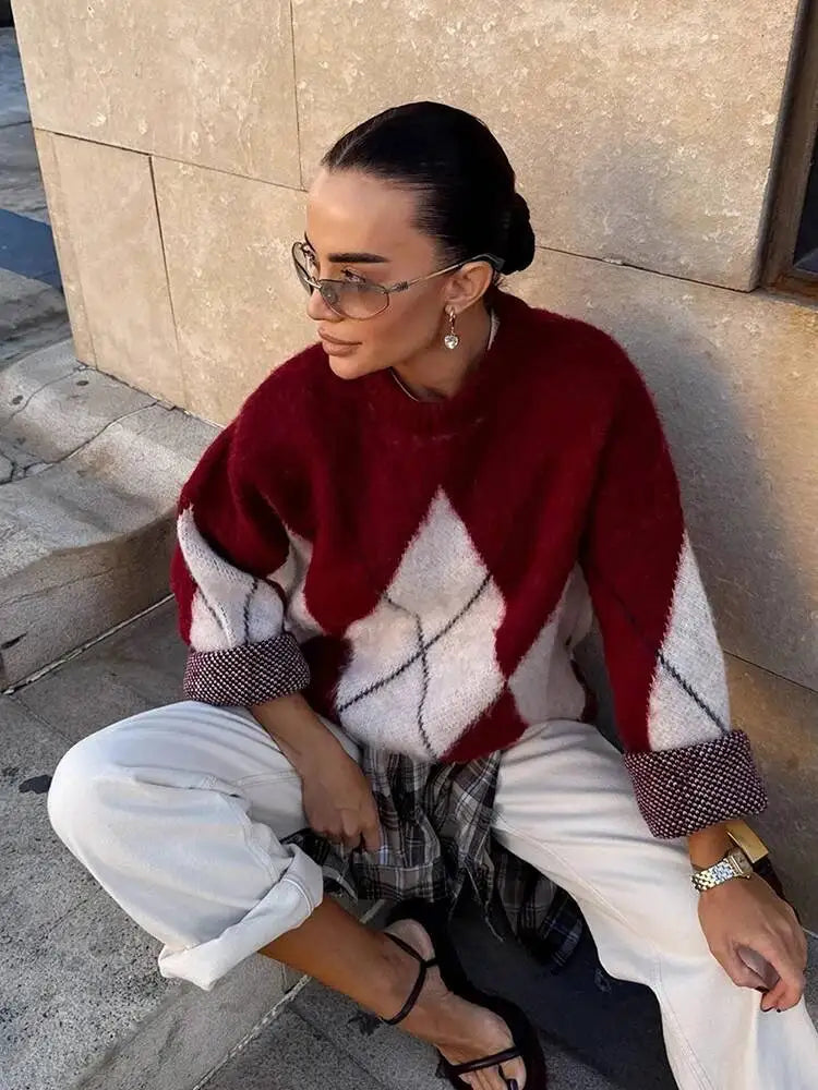 Pull bordeaux & blanc – Maille douce oversize