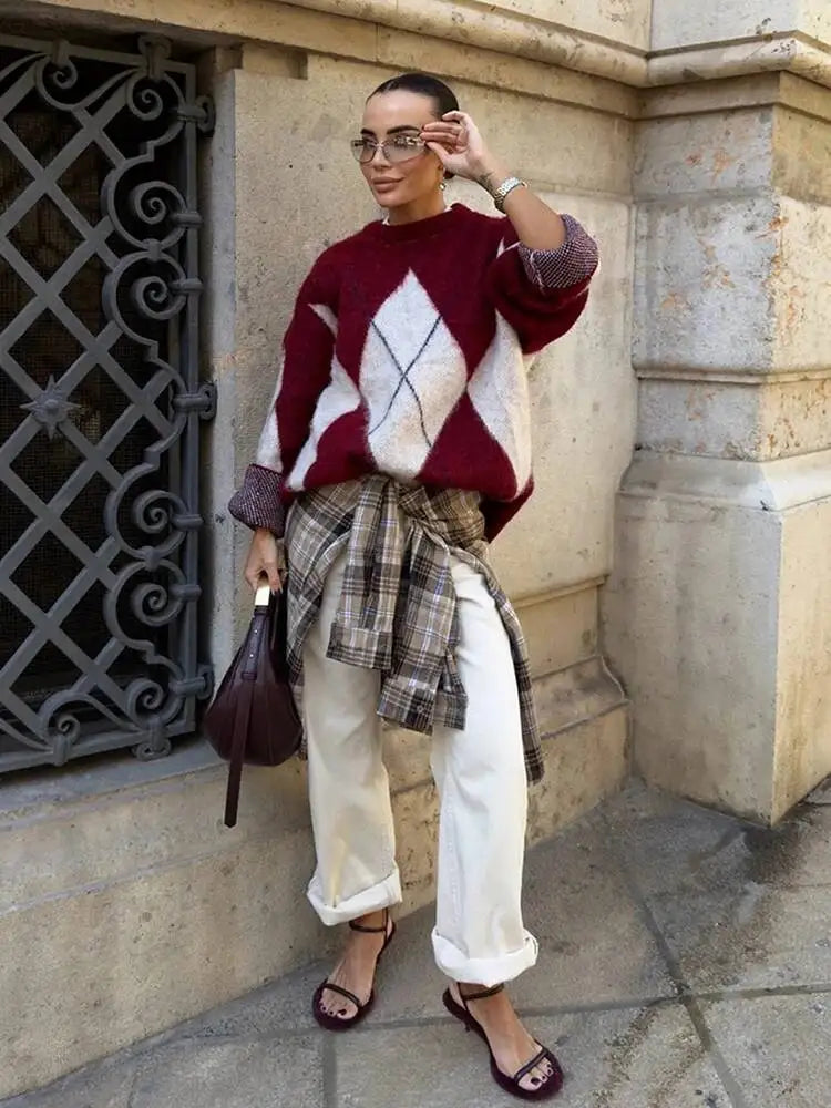 Pull bordeaux & blanc – Maille douce oversize