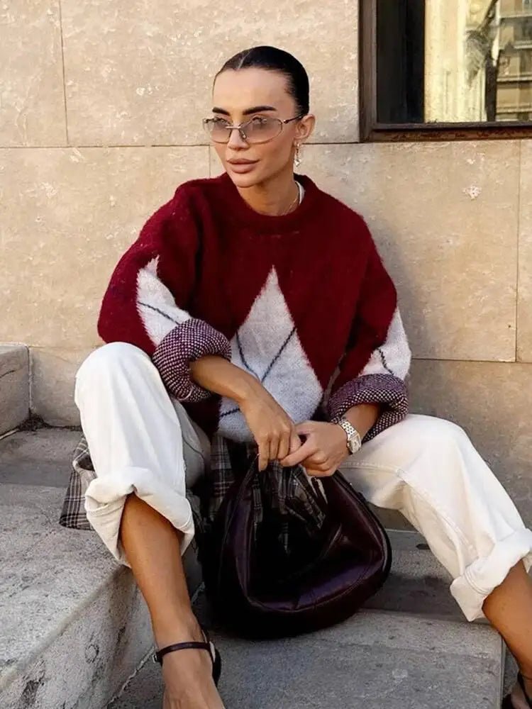 Pull bordeaux & blanc – Maille douce oversize