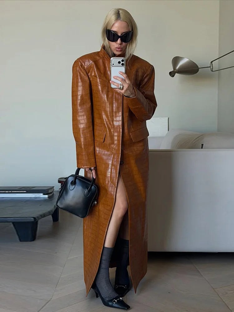 Trench long caramel – Effet cuir crocodile
